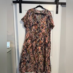 JODIFL Navy Floral V-Neck Midi Dress with Pink and Gold Accents